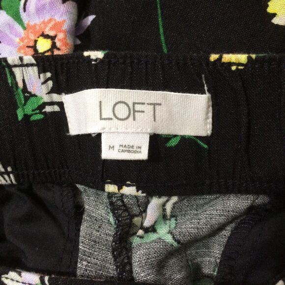 LOFT Wide Leg Pants Black Floral Linen Blend Pull On Summer Crop Elastic Waist M - Picture 5 of 5